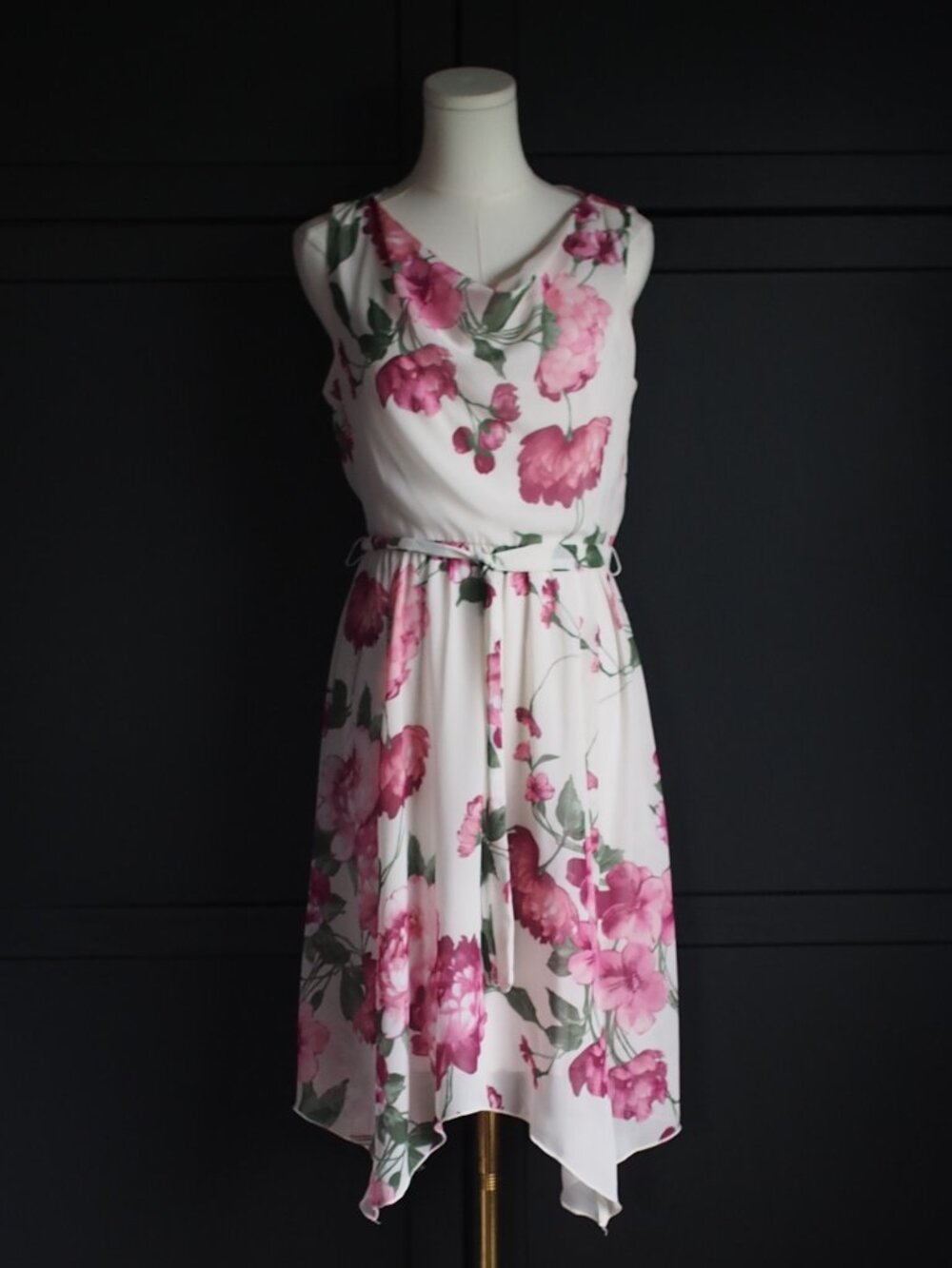 Kate & Lily | Cream and Pink Chiffon Floral Cowl Neck Dress